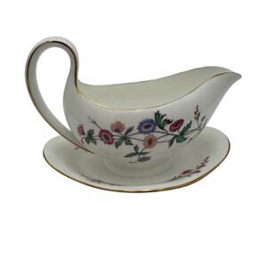 Vintage Gravy Boat by Wedgwood in Devon Sprays Bone China Attached Underplate